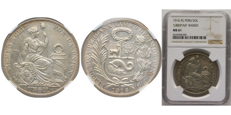 Peru Republic 1916 FG 1 Sol Silver (.900) (Copper .100) Lima Mint 25g NGC MS 61 ...