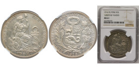 Peru Republic 1916 FG 1 Sol Silver (.900) (Copper .100) Lima Mint 25g NGC MS 61 KM196