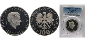 Poland People's Republic 1974 MW Próba 100 Złotych (Maria Skłodowska-Curie small; Trial Strike Ag) Silver (.625) (10131) 16.5g PCGS SP 66 KMPr244 Fisc...
