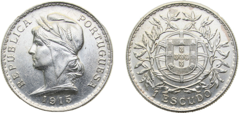 Portugal First Republic 1915 1 Escudo Silver (.835) (1818000) 25g UNC KM564