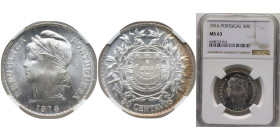 Portugal First Republic 1916 50 Centavos Silver (.835) (5080000) 12.5g NGC MS 63 KM561