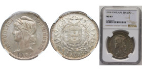 Portugal First Republic 1916 1 Escudo Silver (.835) (1405000) 25g NGC MS 63 KM564