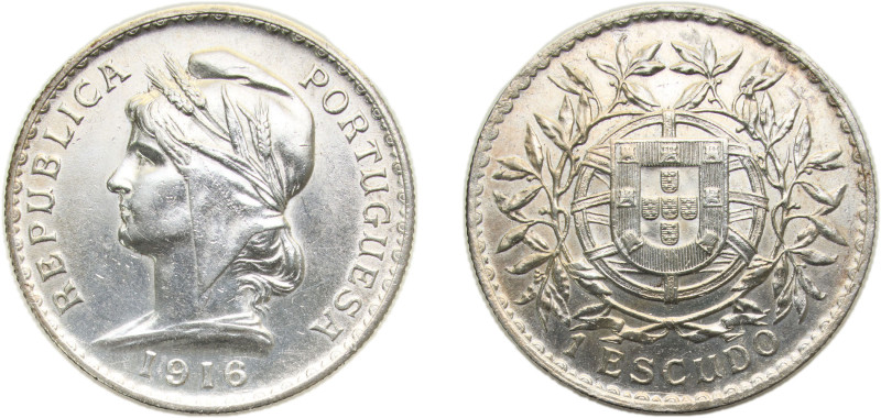 Portugal First Republic 1916 1 Escudo Silver (.835) (1405000) 25g AU KM564