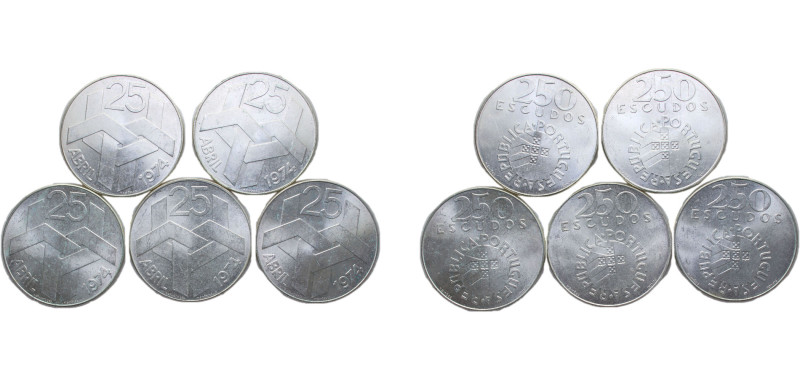 Portugal Third Republic ND (1976) 250 Escudos (Carnation Revolution) 5 Lots Silv...