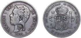 Portugal Azores Portuguese Administration ND (1887) 1200 Reis - Luiz I (countermarked issue with fake stamp) Silver (.900) Madrid Mint 25g VF GomesL1 ...