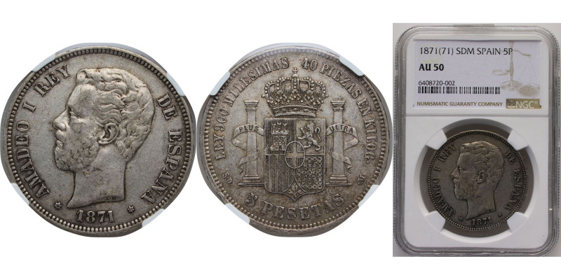 Spain Kingdom 1871 *18-71 SDM 5 Pesetas - Amadeo I Silver (.900) Madrid Mint (13...