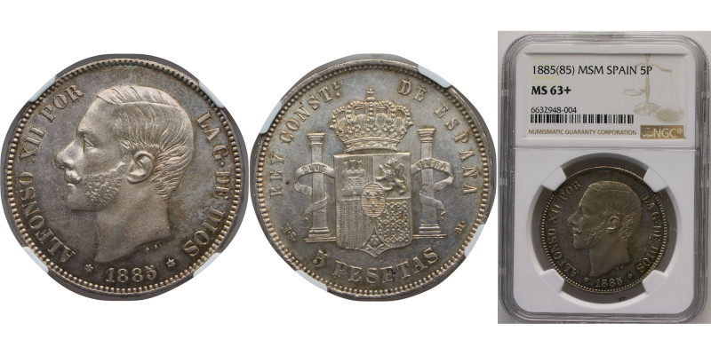 Spain Kingdom 1885 *18-85 MSM 5 Pesetas - Alfonso XII (3rd portrait) Silver (.90...