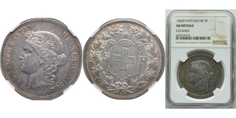 Switzerland Federal State 1888 B 5 Francs (Head of Helvetia) Silver (.900) (10% ...