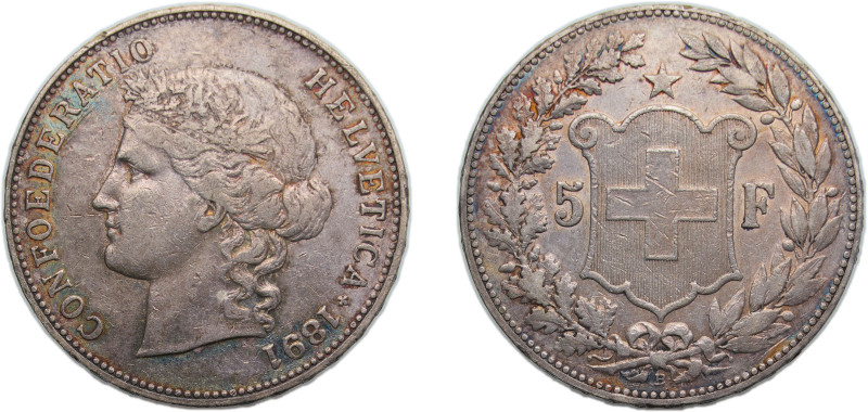 Switzerland Federal State 1891 B 5 Francs (Head of Helvetia) Silver (.900) (10% ...