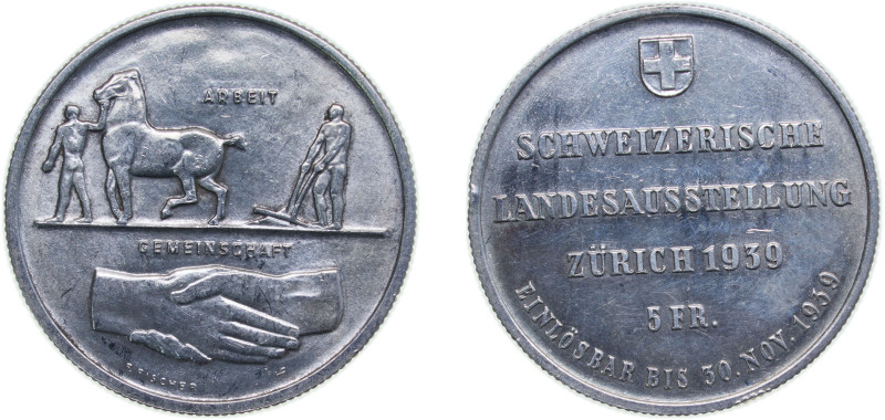 Switzerland Federal State 1939 HF 5 Francs "Landitaler" (Zurich Exposition) Silv...