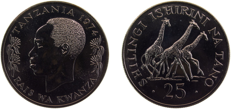 Tanzania Republic 1974 25 Shilingi (giraffes) Silver (.500) Royal Mint (8848) 28...