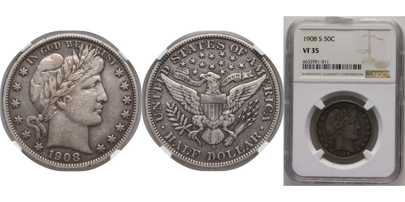 United States Federal republic 1908 S ½ Dollar "Barber Half Dollar" Silver (.900...