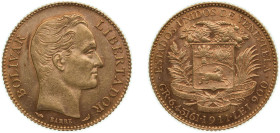 Venezuela United States 1911 20 Bolívares Gold (.900) Paris Mint (80000) 6.452g AU Y32