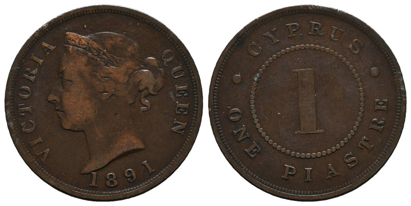 CYPRUS: 1 Piastre (1891) in bronze with crowned head of Queen Victoria facing le...