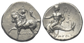 Kalabrien. Tarent.

 Didrachme oder Nomos (Silber). Ca. 281 - 272 v. Chr.
Vs: Jugendlicher Reiter mit erhobenem rechten Arm zu Pferde nach links re...