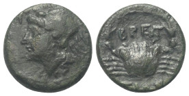 Bruttium. Brettii.

 Bronze. Ca. 216 - 214 v. Chr.
Vs: Kopf einer weiblichen Meeresgottheit (Amphitrite ?) mit Krabbenkopfbedeckung links.
Rs: Kra...