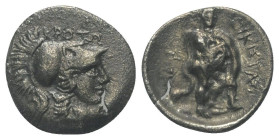 Bruttium. Kroton.

 Diobol (Silber). Ca. 280 - 250 v. Chr.
Vs: Kopf der Athena mit korinthischem Helm rechts.
Rs: Herakles mit Löwenfell auf Keule...