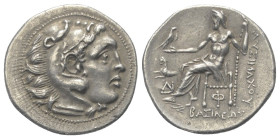 Königreich Thrakien. Lysimachos (306 - 281 v. Chr.).

 Drachme (Silber). Ca. 301 - 297 v. Chr. Kolophon.
Vs: Kopf des jugendlichen Herakles mit Löw...