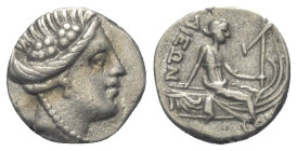 Euböa. Histiaia.

 Tetrobol (Silber). Ca. 3. - 2. Jhdt. v. Chr.
Vs: Kopf der Nymphe Histiaia mit Kranz aus Weinlaub und Reben rechts.
Rs: Die Nymp...