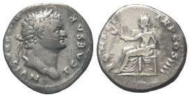Titus (79 - 81 n. Chr.).

 Denar (Silber). 75 n. Chr. (unter Vespasianus). Rom.
Vs: T CAESAR IMP VESPASIAN. Kopf mit Lorbeerkranz rechts.
Rs: PONT...