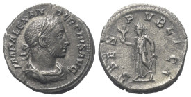 Severus Alexander (222 - 235 n. Chr.).

 Denar (Silber). 232 n. Chr. Rom.
Vs: IMP ALEXANDER PIVS AVG. Büste mit Lorbeerkranz, Paludament und Panzer...