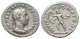 Severus Alexander (222 - 235 n. Chr.).

 Denar (Silber). 232 n. Chr. Rom.
Vs: IMP ALEXANDER PIVS AVG. Büste mit Lorbeerkranz, Paludament und Panzer...
