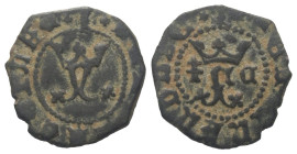 Spanien. Die Katholischen Könige (1469 - 1504).

 Blanca (Kupfer). Cuenca.
Vs: + FERNANDVS ET LISA. 
Rs: REX : ET : REGINA : CAS.

17 mm. 1,32 g...