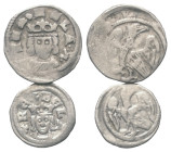 Ungarn. Bela IV. (1235 - 1270).

 Denar und Obol (Silber).
Lot (2 Stück):
Vs: + REX BELA. Gekrönter Kopf en face.
Rs: Adler mit ausgebreiteten Fl...