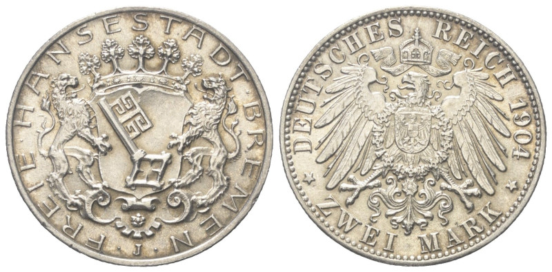 Kaiserreich. Bremen.

 2 Mark (Silber). 1904 J. Hamburg.
Vs: Wappen zwischen ...