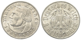 Drittes Reich.

 2 Reichsmark (Silber). 1933 D. München.
Auf den 450. Geburtstag von Martin Luther.

Vs: Büste links.
Rs: Reichsadler.

25 mm....