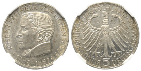 Bundesrepublik Deutschland.

 5 Deutsche Mark (Silber). 1957 J. Stuttgart.
Zum 100. Todestag Joseph Freiherrn von Eichendorffs.

Vs: Büste von Ei...