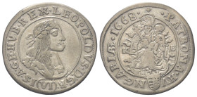 Habsburger bis 1806. Leopold I. (1658 - 1705).

 VI Kreuzer (Silber). 1668 KB. Kremnitz.
Vs: Belorbeertes Brustbild nach rechts.
Rs: Madonna mit K...