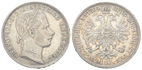 Kaisertum Österreich (1804 - 1918). Franz Joseph I. (1848 - 1916).

 1 Florin (Silber). 1864 A. Wien.
Vs: Kopf mit Lorbeerkranz rechts.
Rs: Wappen...