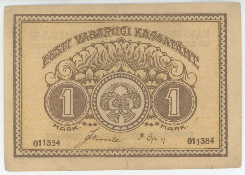 Estonia 1 Mark 1919 (ND)
P# 43a, N# 274726; # 011384; VF