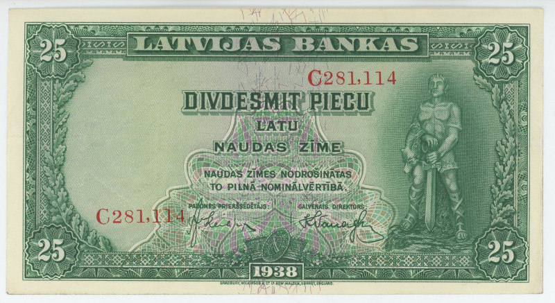 Latvia 25 Latu 1938
P# 21a, N# 220364; # C281114; VF-XF