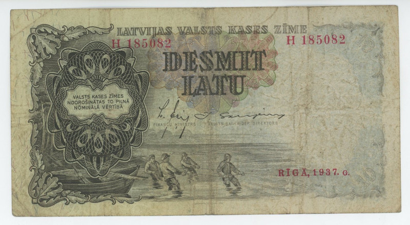 Latvia 10 Latu 1937
P# 29a, N# 204088; # H 185082; VF