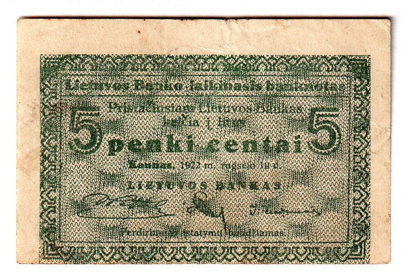 Lithuania 5 Centai 1922
P# 2, VF+