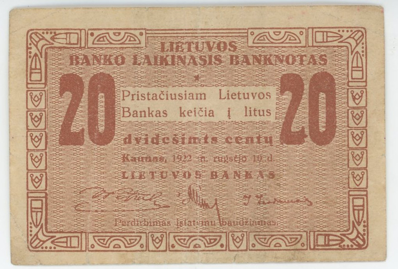 Lithuania 20 Centu 1922
P# 3a, VF