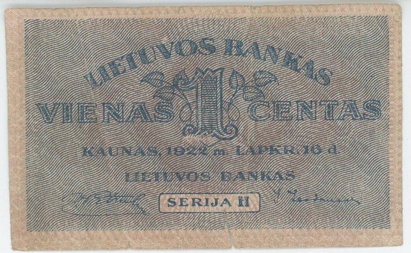 Lithuania 1 Centas 1922
P# 7a, N# 226618; # H; VF