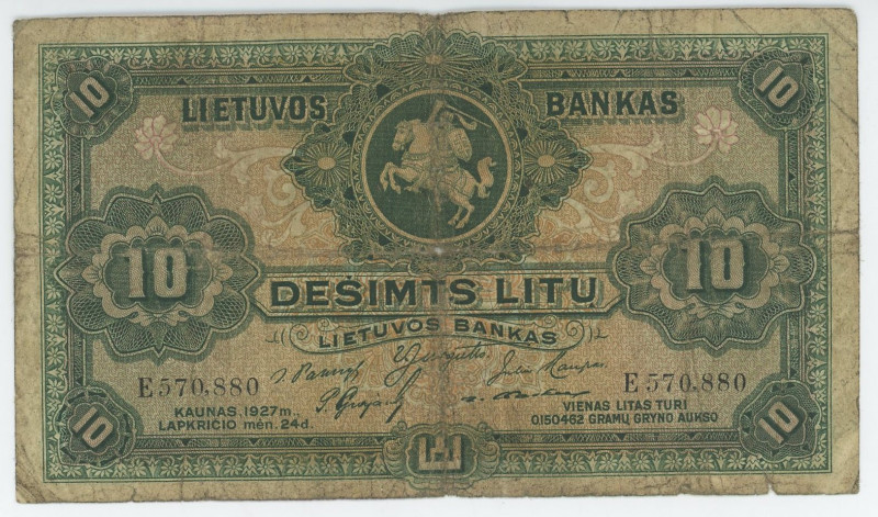 Lithuania 10 Litu 1927
P# 23a, N# 226605; # E570880; F-