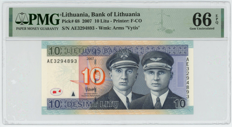 Lithuania 10 Litu 2007 PMG 66 EPQ
P# 68, N# 204037; # AE3294893; UNC