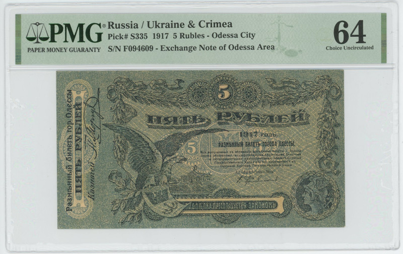 Russia - South Odessa 5 Roubles 1917 PMG 64
P# S335, N# 213163; # Ф 094609; UNC...