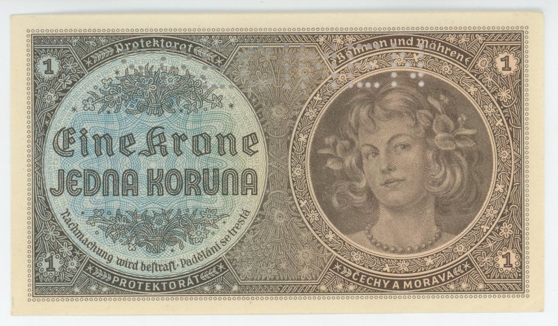 Bohemia & Moravia 1 Koruna 1940 (ND) Specimen
P# 3s, N# 207301; # H041; German ...