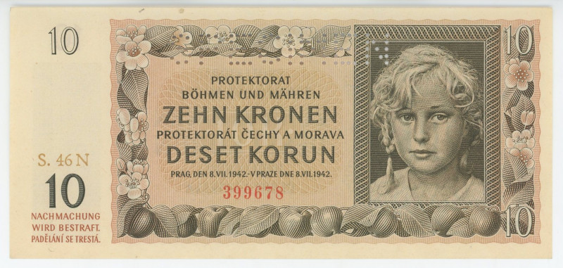 Bohemia & Moravia 10 Korun 1942 Specimen
P# 8s, N# 207305; # S.46N 399678; Germ...