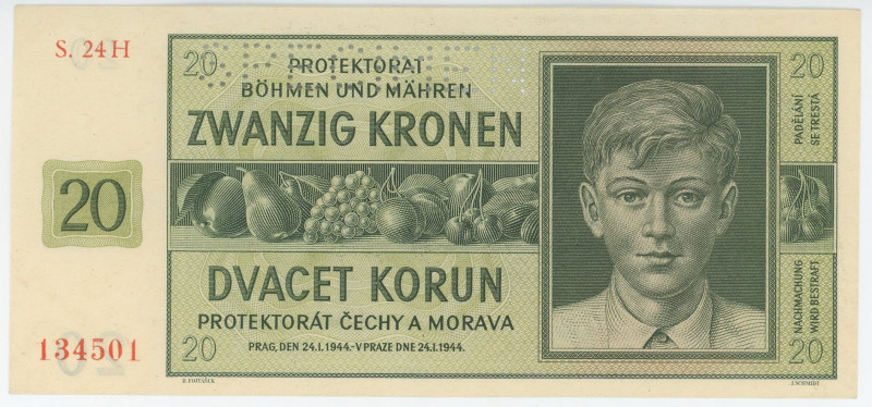 Bohemia & Moravia 20 Korun 1944 Specimen
P# 9s, N# 207306; # S.24H 134501; Germ...