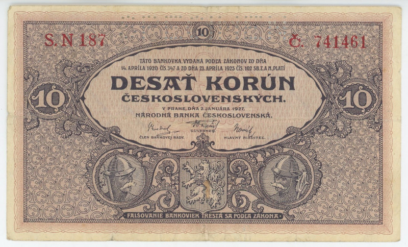 Czechoslovakia 10 Korun 1927 Specimen
P# 20s, N# 207299; # S.N187 741461; VF