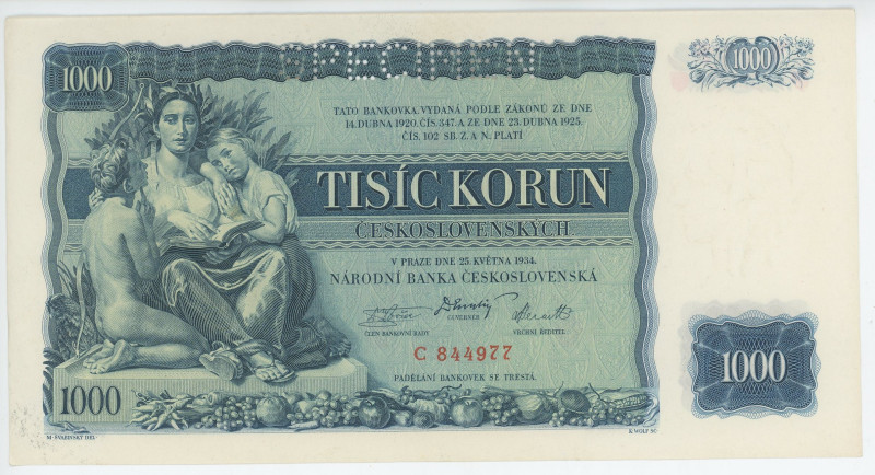 Czechoslovakia 1000 Korun 1934 Specimen
P# 26s, N# 277701; # C 844977; UNC