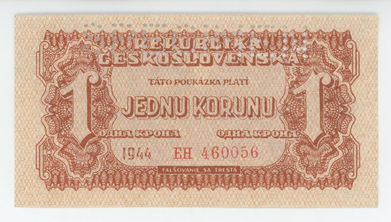 Czechoslovakia 1 Koruna 1944 Specimen
P# 45s, N# 206335; # EH 460056; UNC