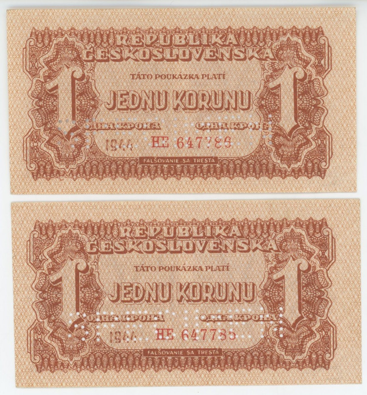 Czechoslovakia 2 x 1 Koruna 1944 With Consecutive Numbers
P# 45s, N# 206335; # ...