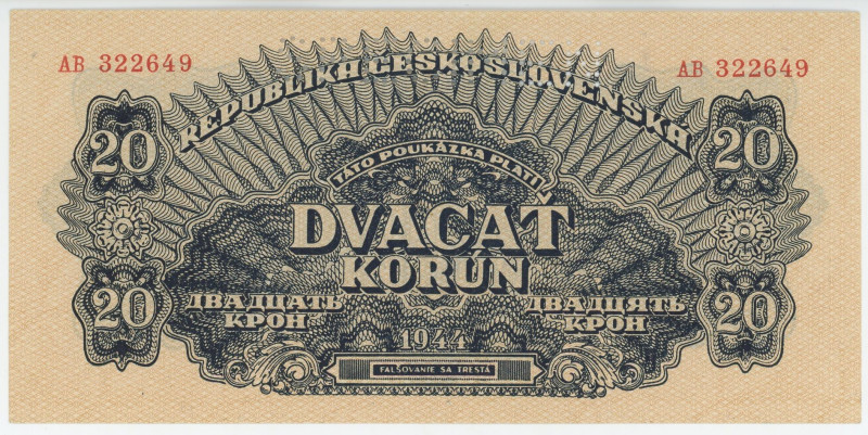 Czechoslovakia 20 Korun 1944 Specimen
P# 47s, N# 229933; # AB 322649; UNC